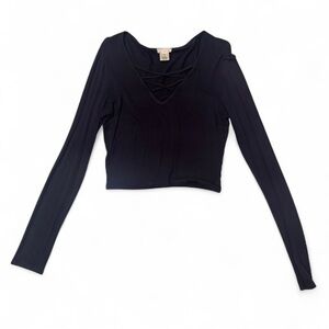Black long sleeve crop top with criss cross front